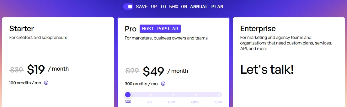 Creatify pricing page on annual billing showing Starter $19 (was $39) and Pro $49 (was $99) per month