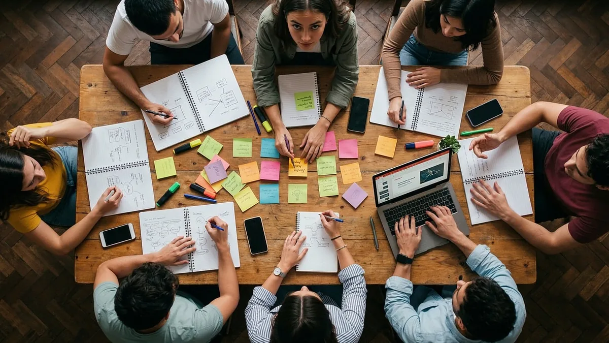 A small team planning new ad concepts around a table