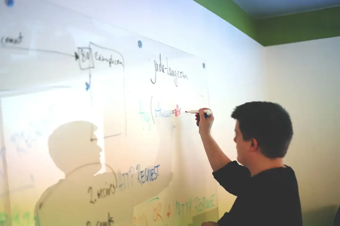 A person sketching a workflow on a whiteboard
