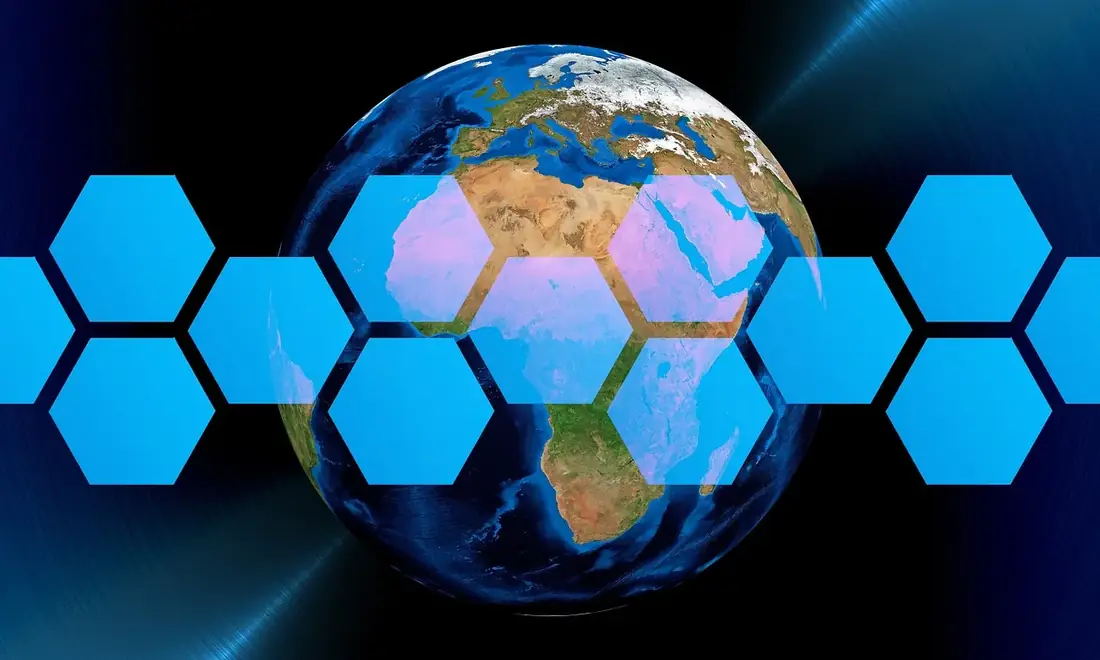 A digital globe with network hexagons
